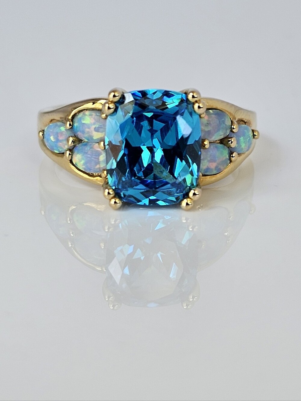 Vintage Blue Topaz & Fire Opal Ring 14K Yellow Gold Vermeil Size 10!